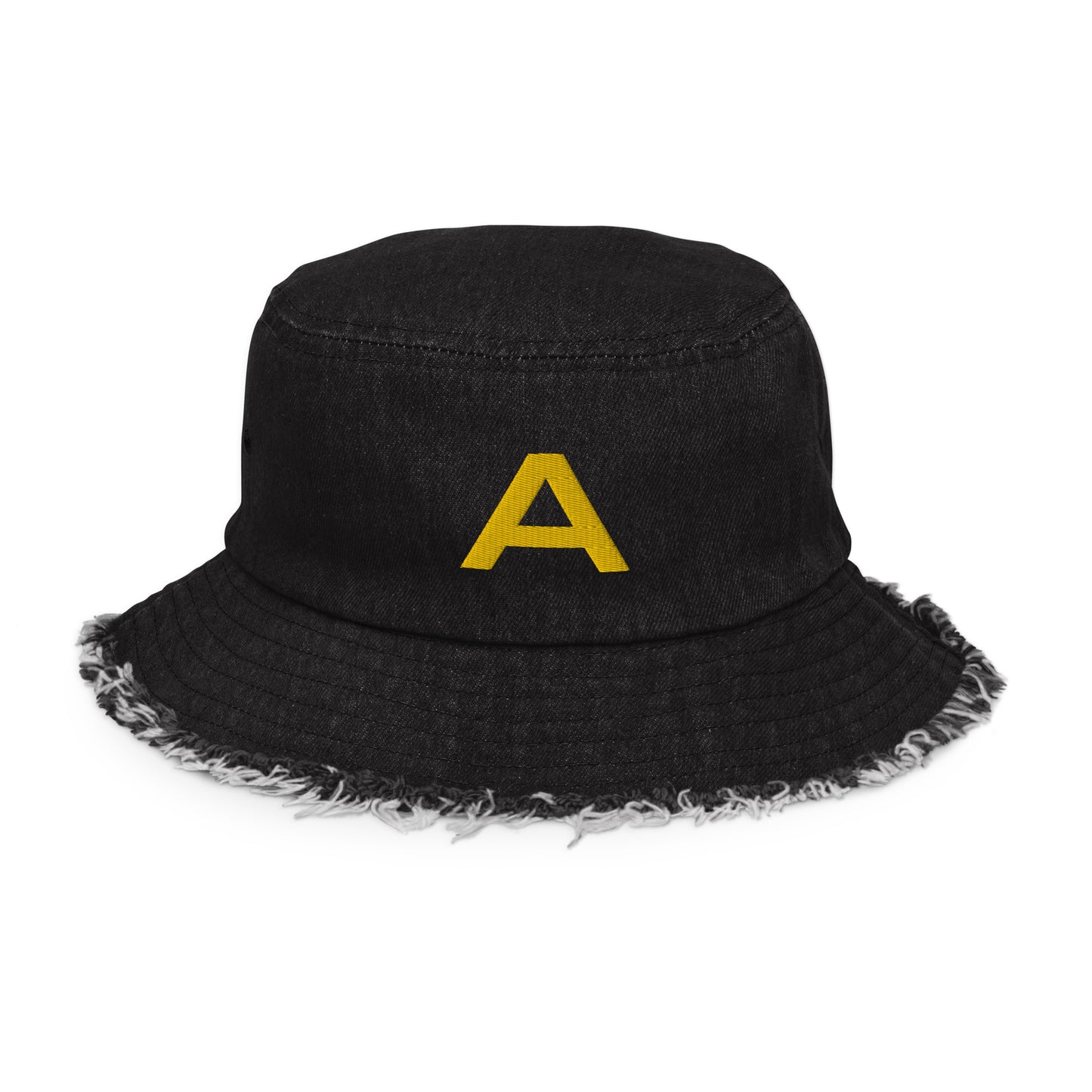 Distressed Embroidered Black Denim Bucket Hat - Letter Initial "A"