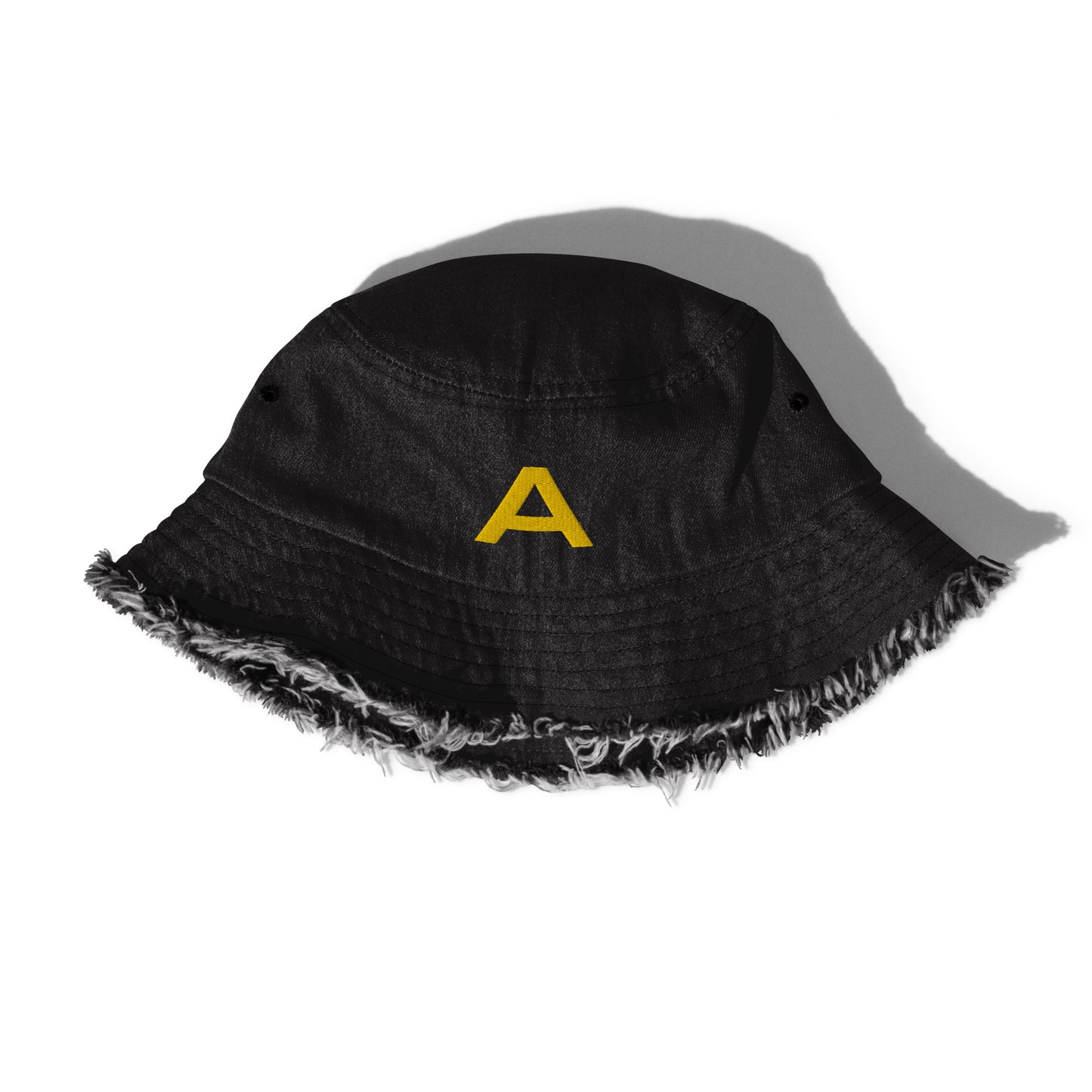 Distressed Embroidered Black Denim Bucket Hat - Letter Initial "A"