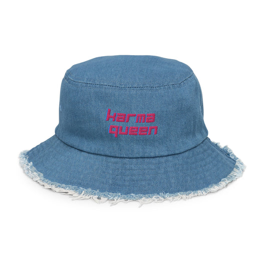 Distressed Embroidered Denim Bucket Hat - Karma Queen