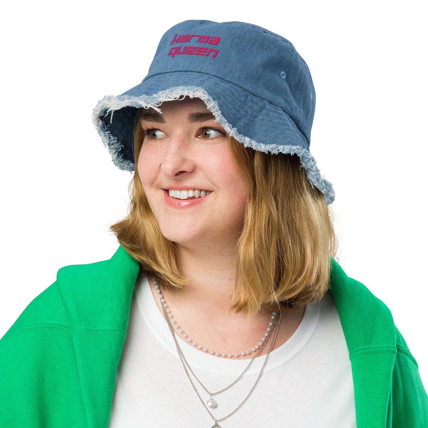 Distressed Embroidered Denim Bucket Hat - Karma Queen