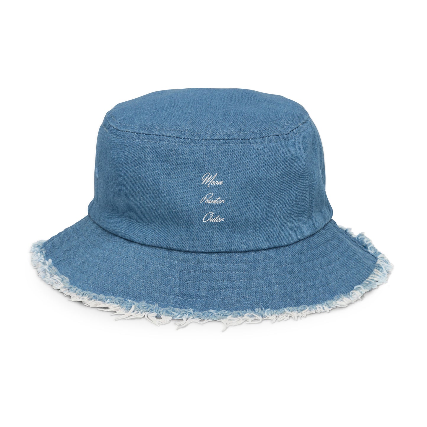 Moon Pointer Outer - Distressed Embroidered Denim Bucket Hat