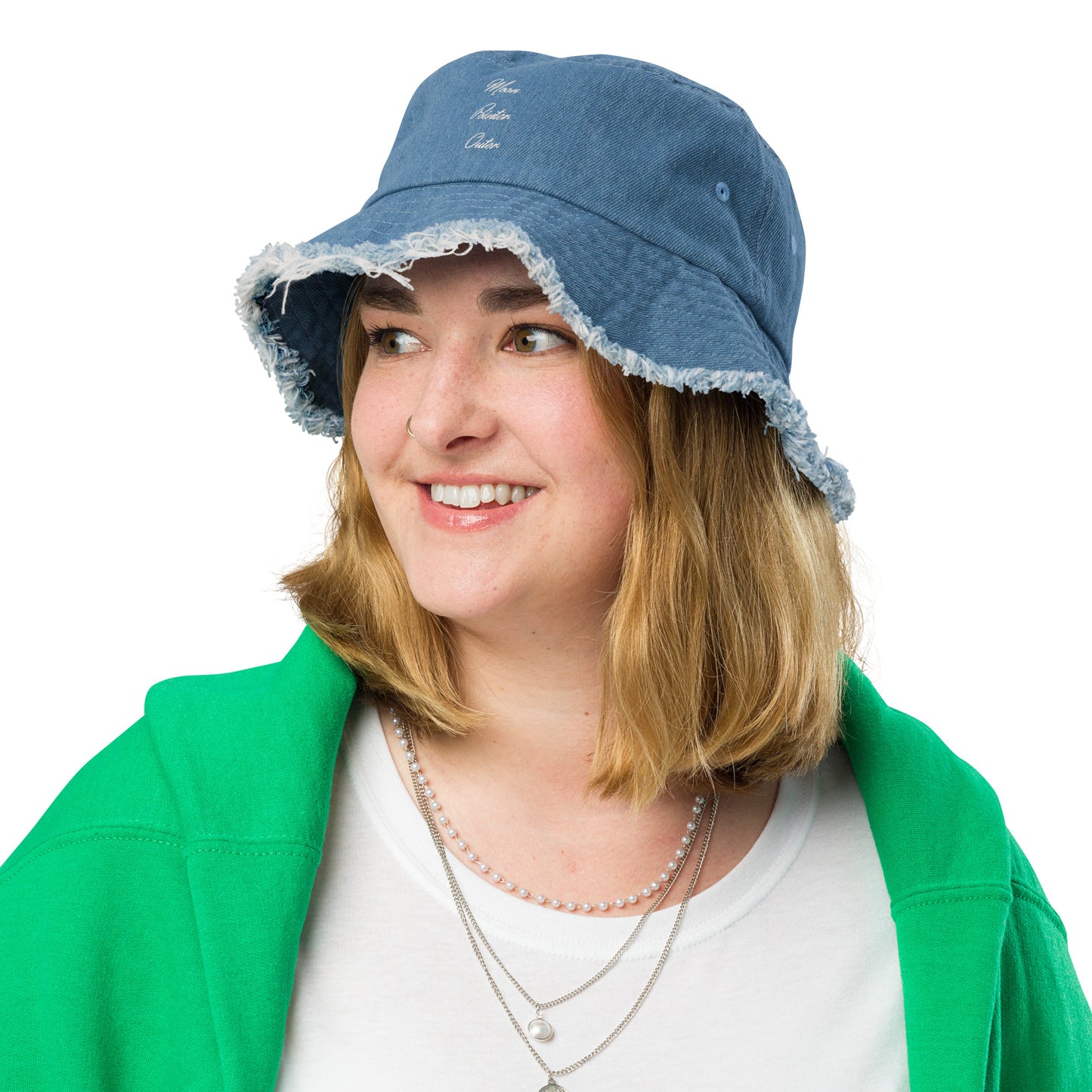 Moon Pointer Outer - Distressed Embroidered Denim Bucket Hat