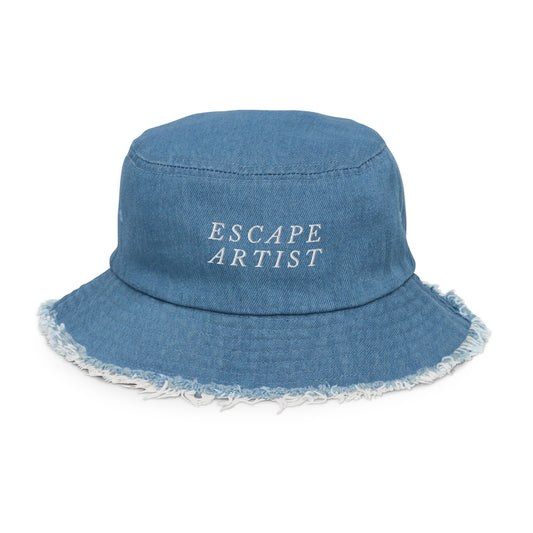 Distressed Embroidered Denim Bucket Hat - "Escape Artist"