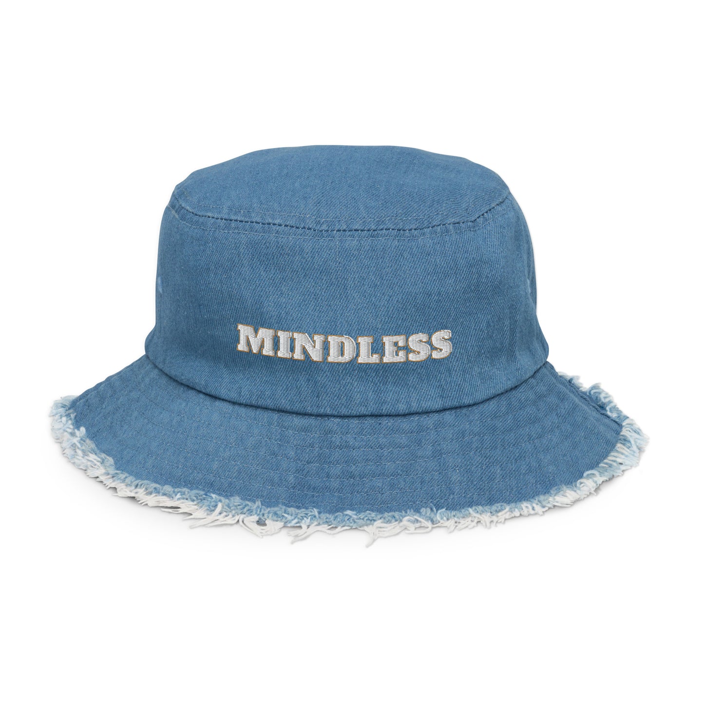 Distressed Embroidered Denim Bucket Hat - "Mindless"