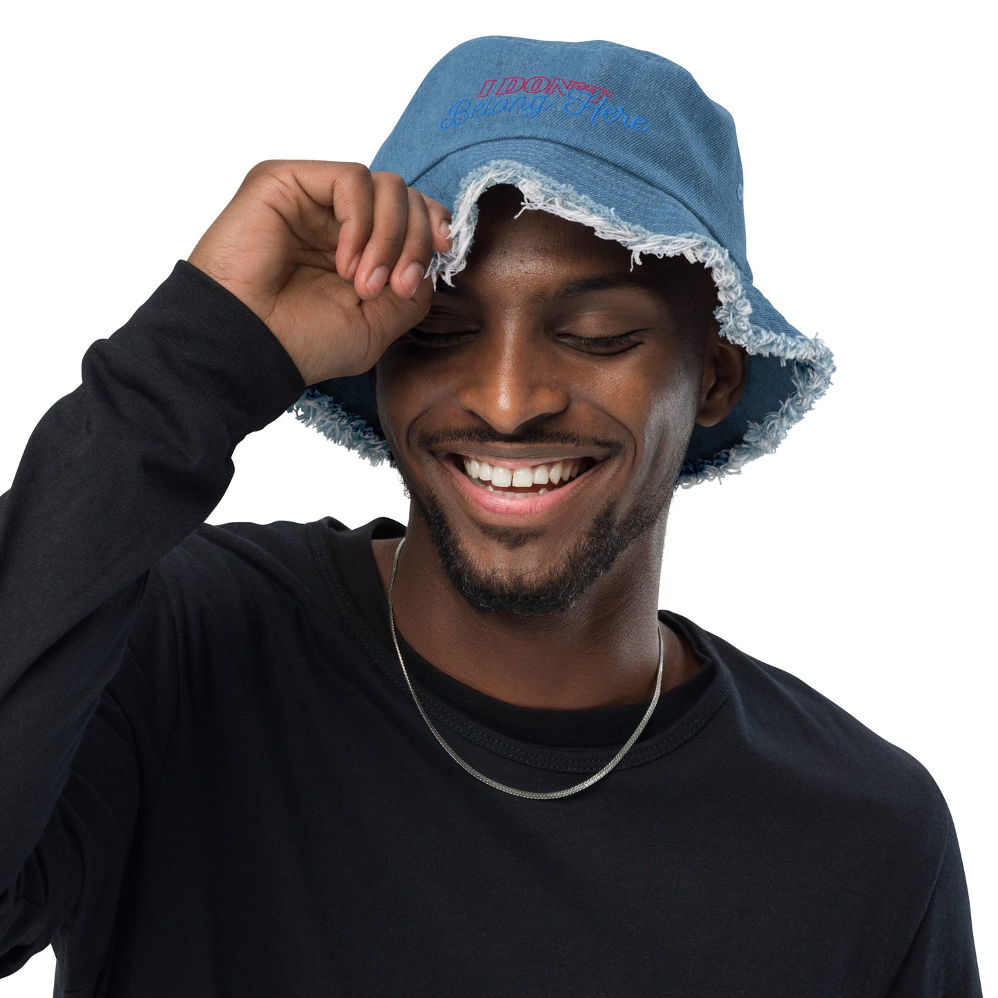 Distressed Embroidered Denim Bucket Hat - "I Don't Belong Here"