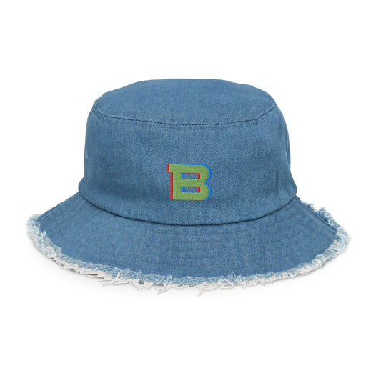 Distressed Embroidered Denim Bucket Hat - Letter Initial "B"