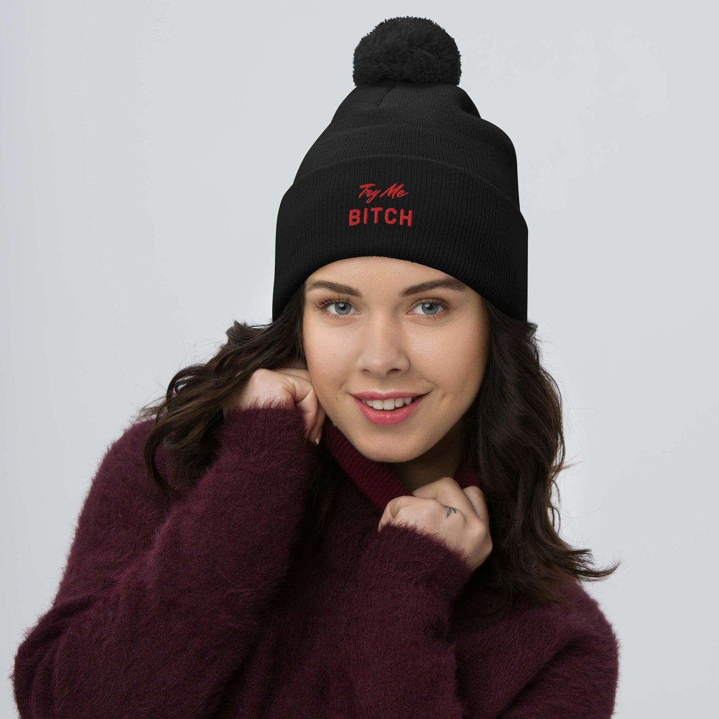 Pom Pom Beanie - "Try Me Bitch"